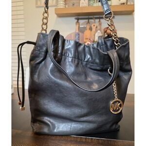 Michael Kors Black Leather Drawstring‎ Bucket Bag MK Gold Shoulder Bag Handbag